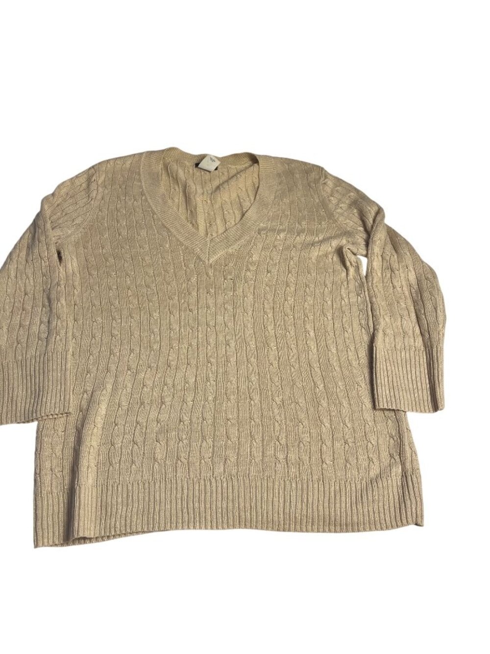 J. Crew Beige V-Neck 100% Linen Cable Knit Lightweight Sweater Size S preppy